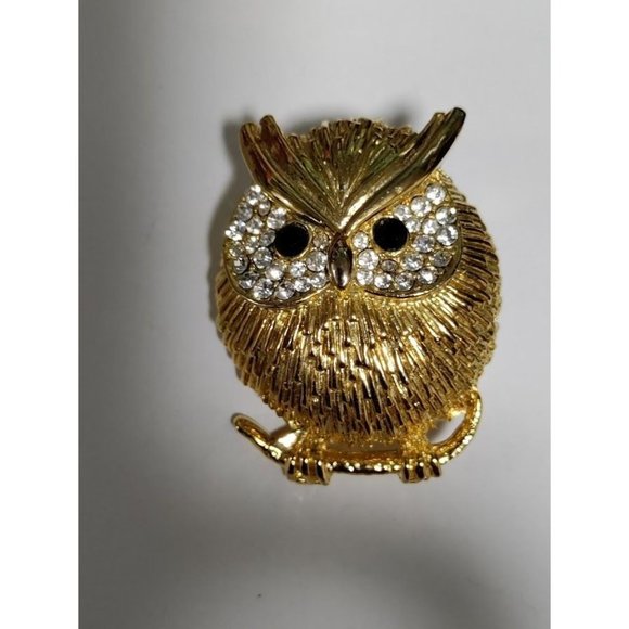 Adorable Owl Gold Tone Safety Pin Brooch With Rhinestone Black Onyx - Picture 3 of 7